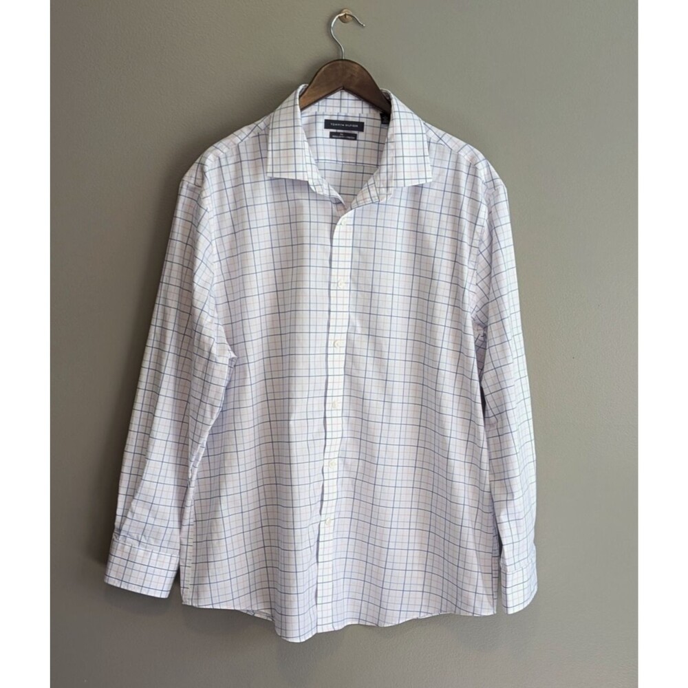 Tommy Hilfiger Mens 18 2XL THFlex Stretch Dress Shirt Blue White Plaid Regular